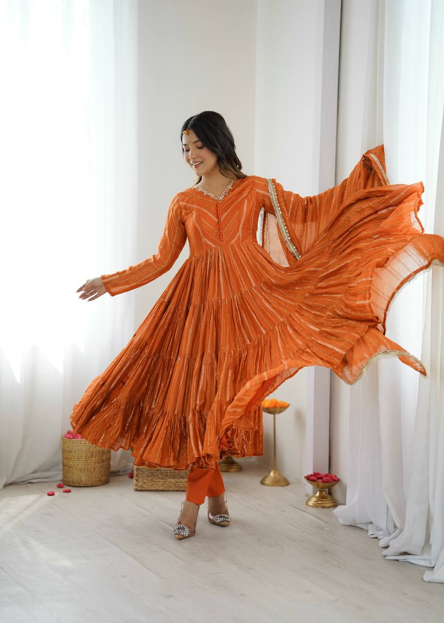 Orange Mal Chanderi Ruffle Gown with Mirror Work