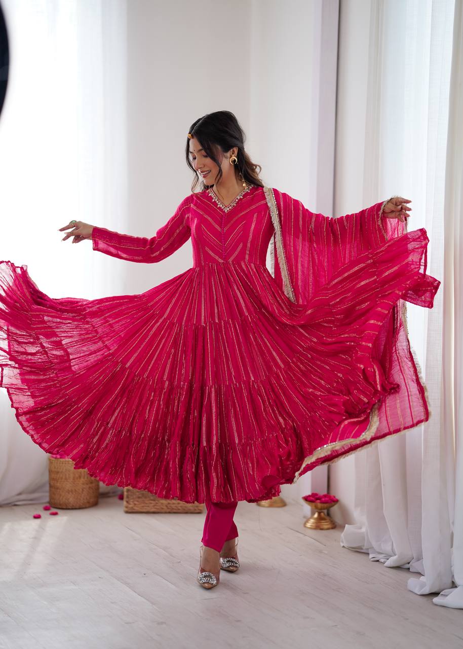 Orange Mal Chanderi Ruffle Gown with Mirror Work