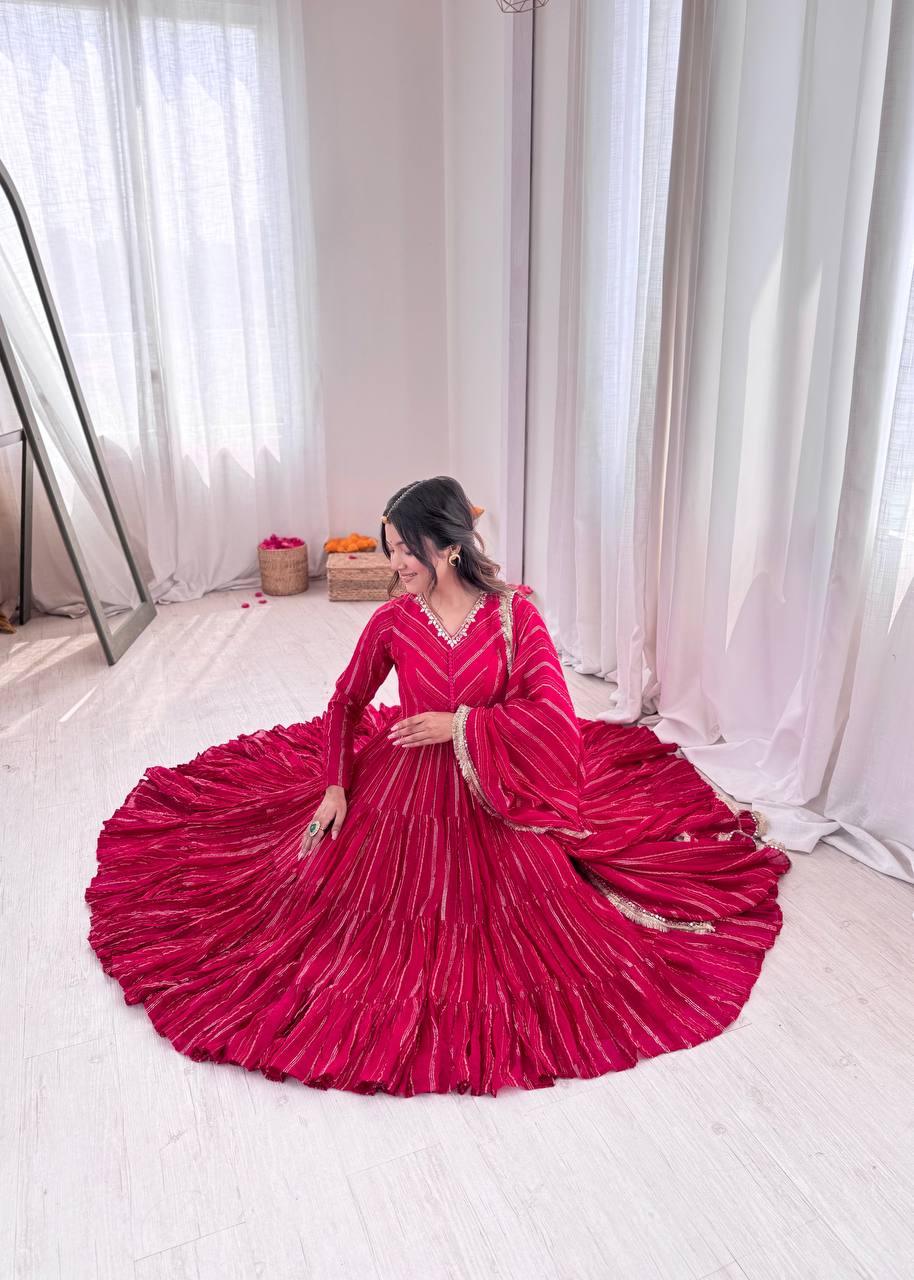 Orange Mal Chanderi Ruffle Gown with Mirror Work
