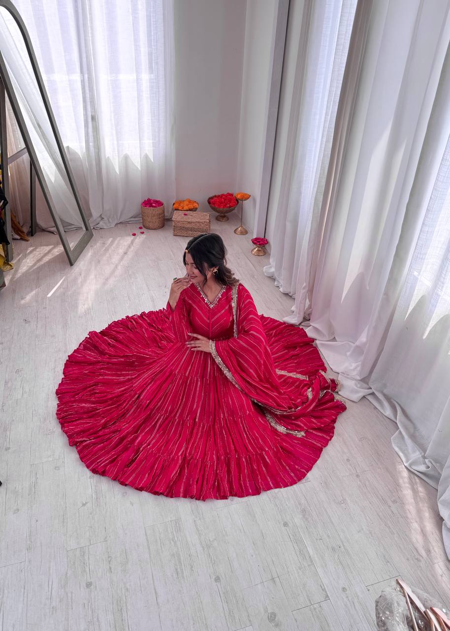 Orange Mal Chanderi Ruffle Gown with Mirror Work