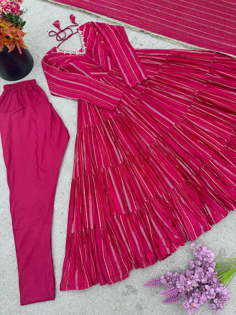 Orange Mal Chanderi Ruffle Gown with Mirror Work