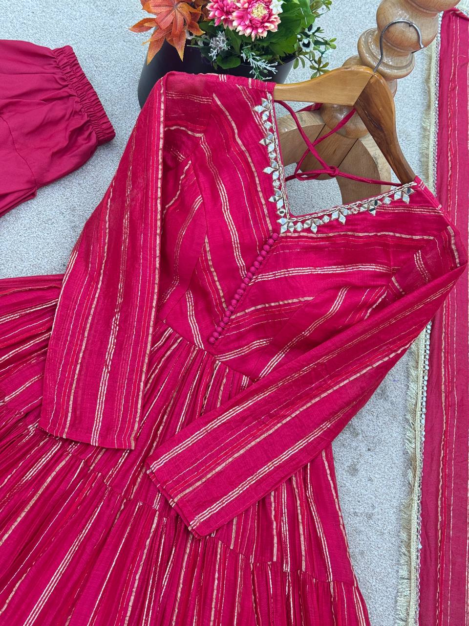 Orange Mal Chanderi Ruffle Gown with Mirror Work