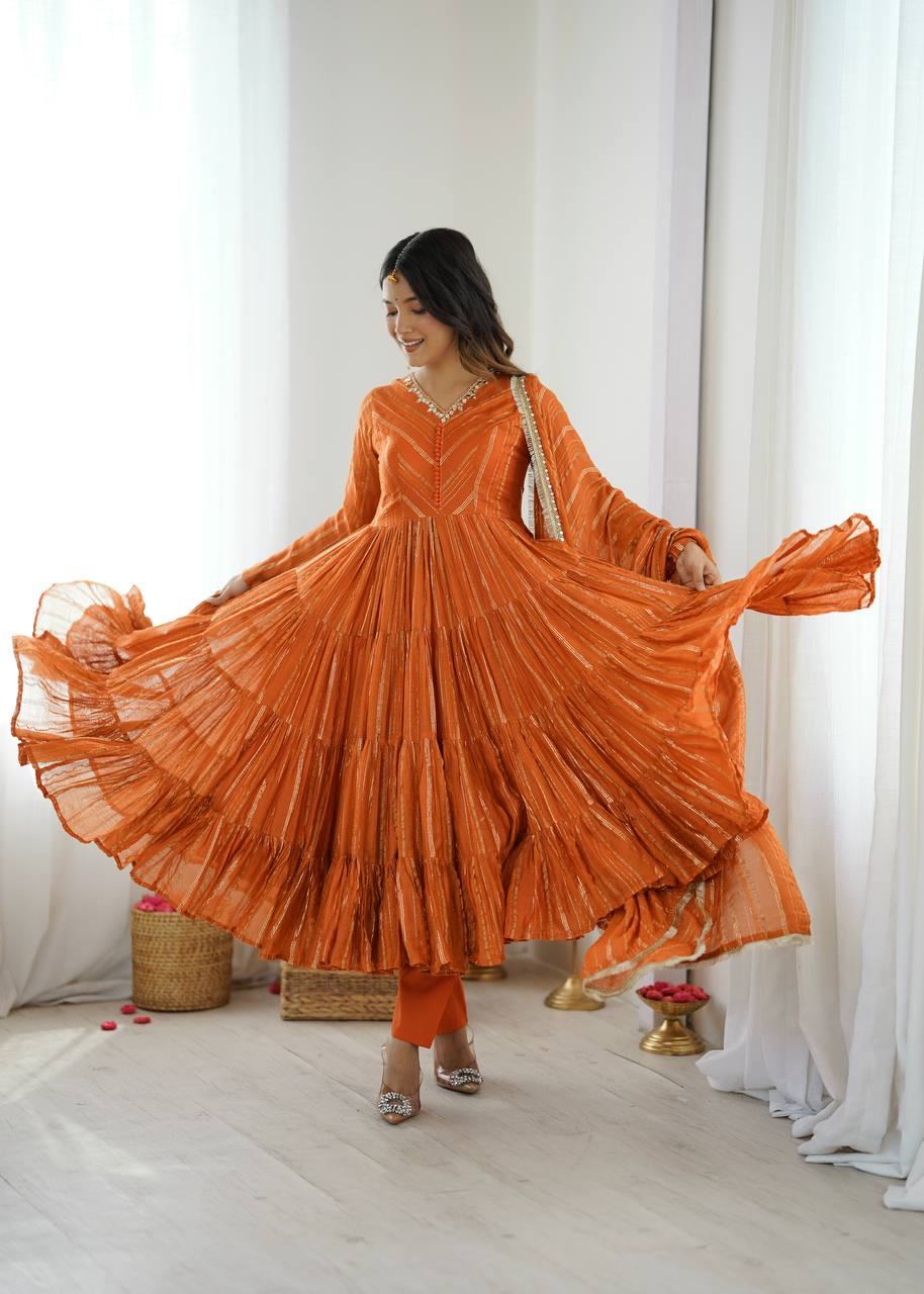 Orange Mal Chanderi Ruffle Gown with Mirror Work