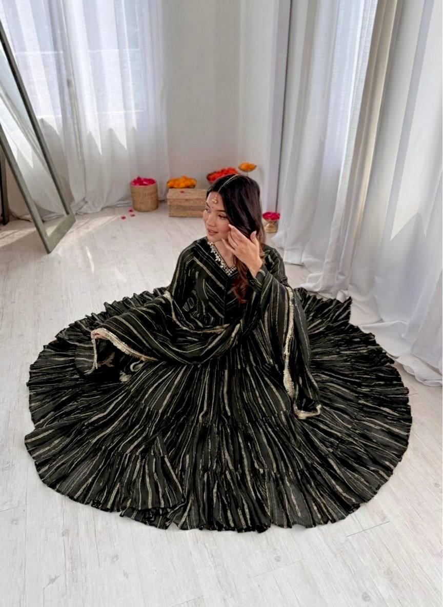Orange Mal Chanderi Ruffle Gown with Mirror Work