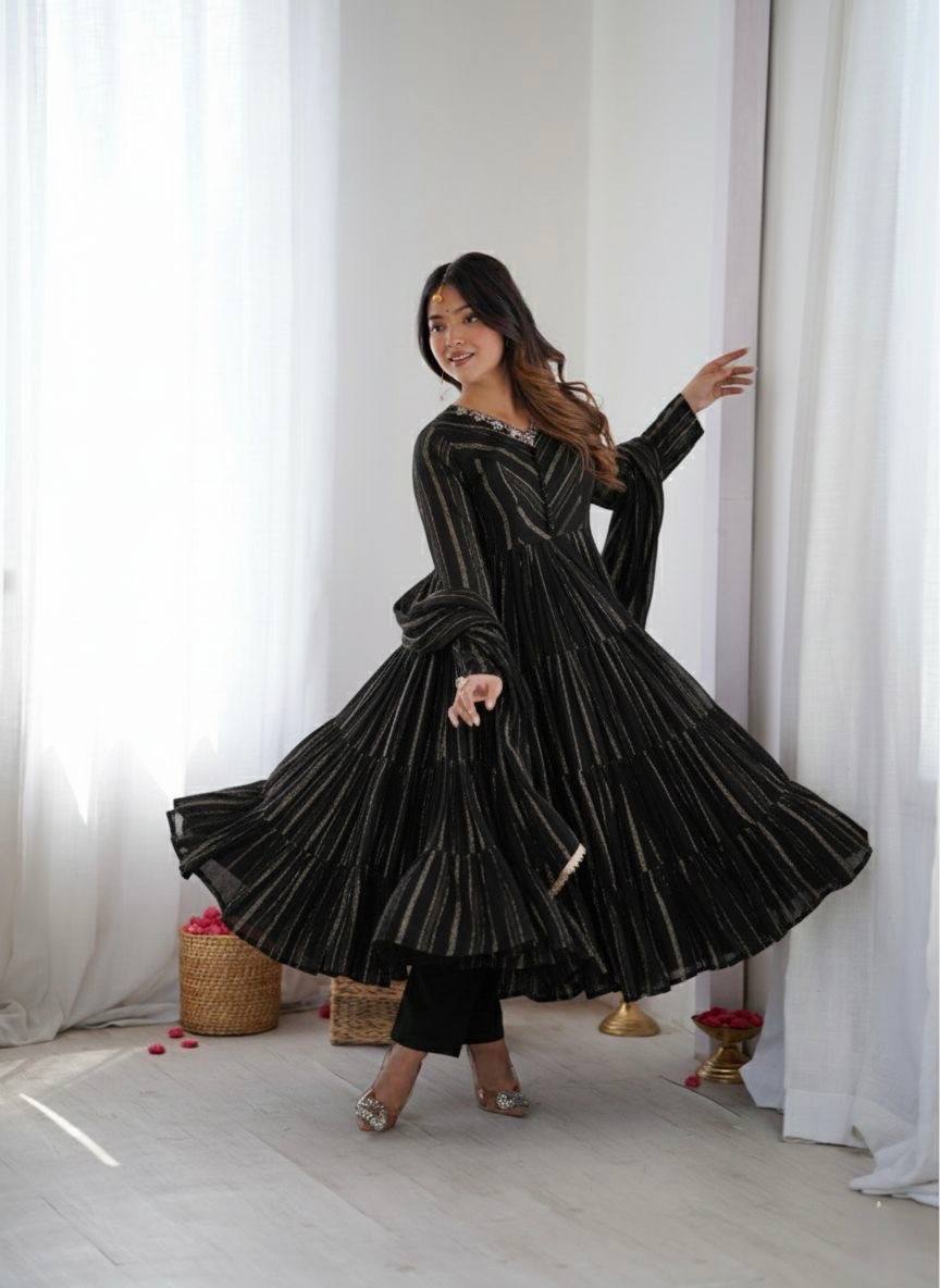 Orange Mal Chanderi Ruffle Gown with Mirror Work