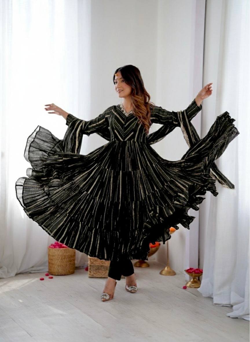 Orange Mal Chanderi Ruffle Gown with Mirror Work
