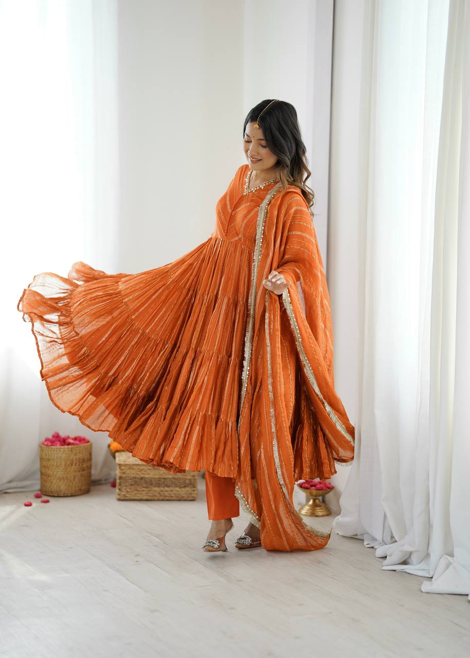 Orange Mal Chanderi Ruffle Gown with Mirror Work