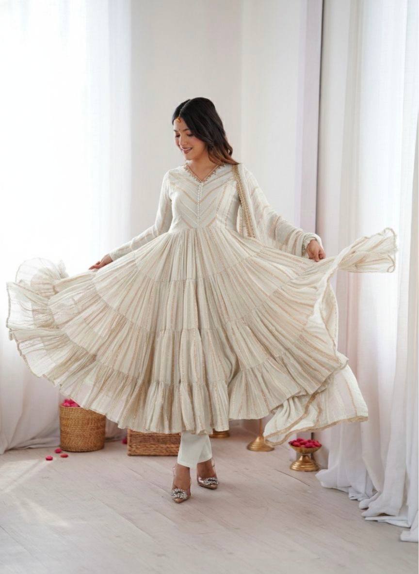 Orange Mal Chanderi Ruffle Gown with Mirror Work