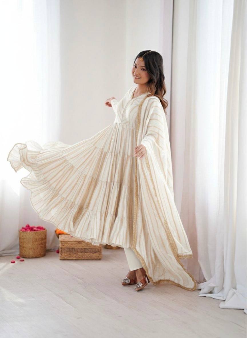 Orange Mal Chanderi Ruffle Gown with Mirror Work