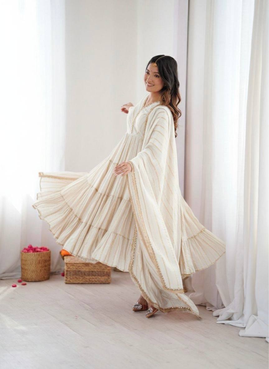 Orange Mal Chanderi Ruffle Gown with Mirror Work