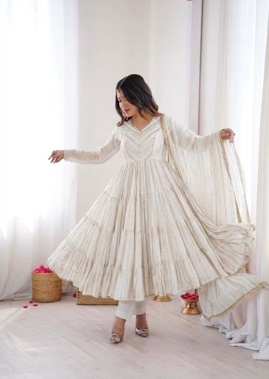 Orange Mal Chanderi Ruffle Gown with Mirror Work
