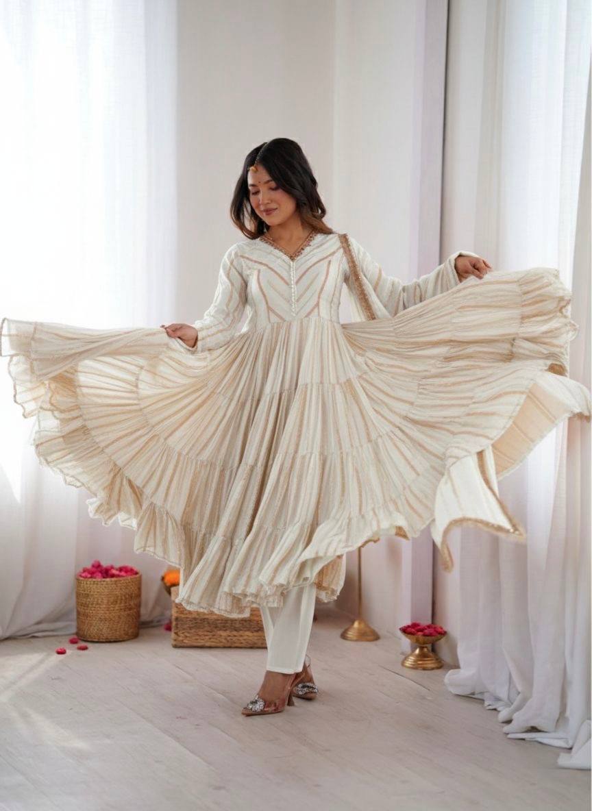 Orange Mal Chanderi Ruffle Gown with Mirror Work