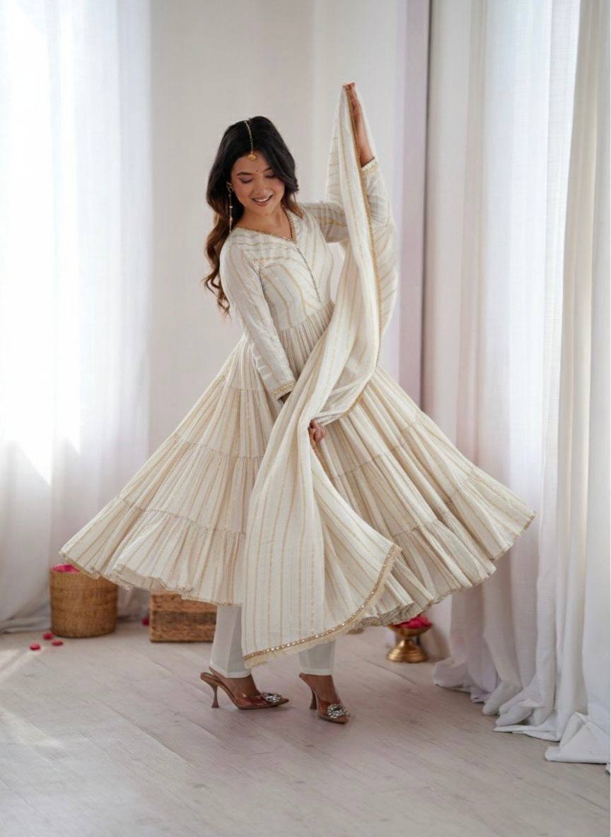 Orange Mal Chanderi Ruffle Gown with Mirror Work