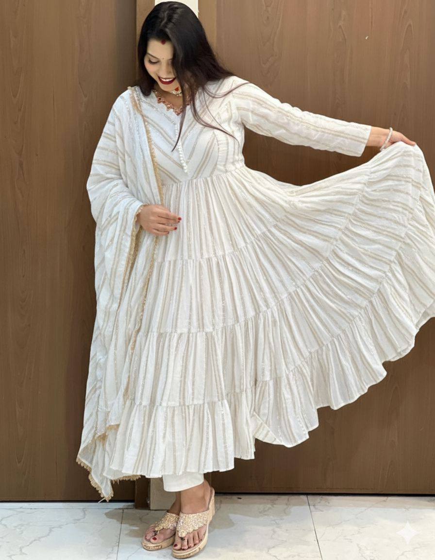 Orange Mal Chanderi Ruffle Gown with Mirror Work