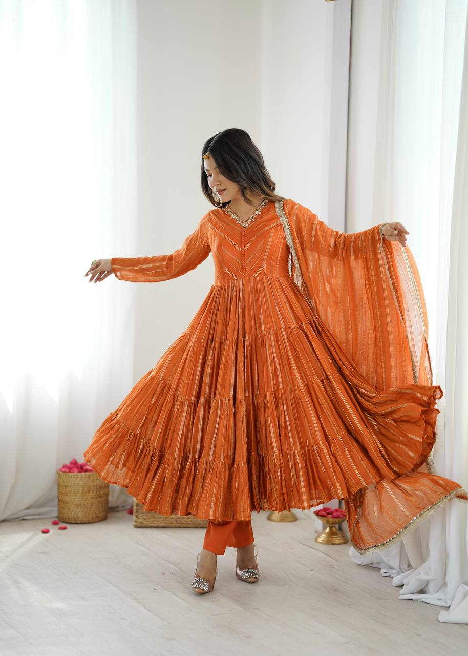 Orange Mal Chanderi Ruffle Gown with Mirror Work