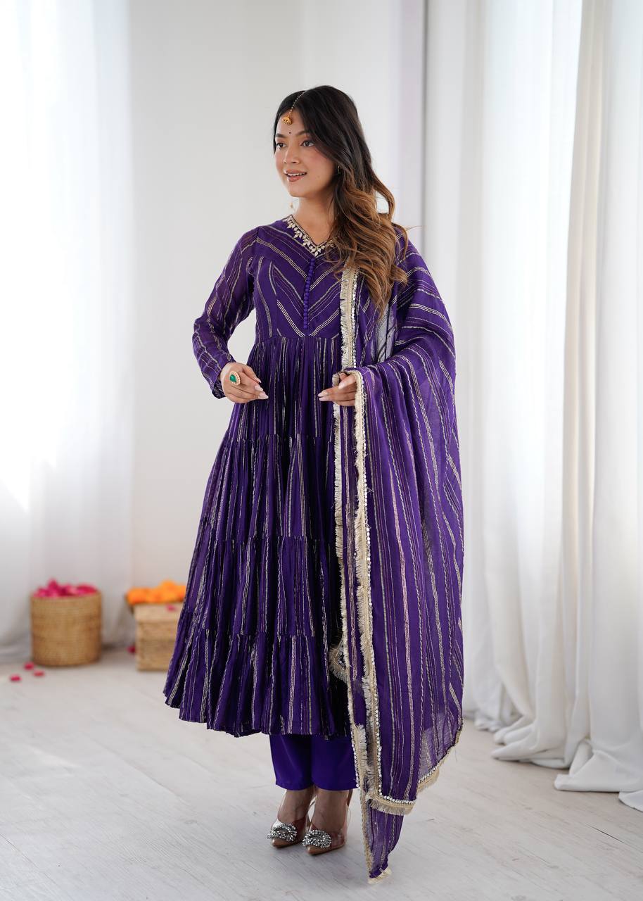 Orange Mal Chanderi Ruffle Gown with Mirror Work