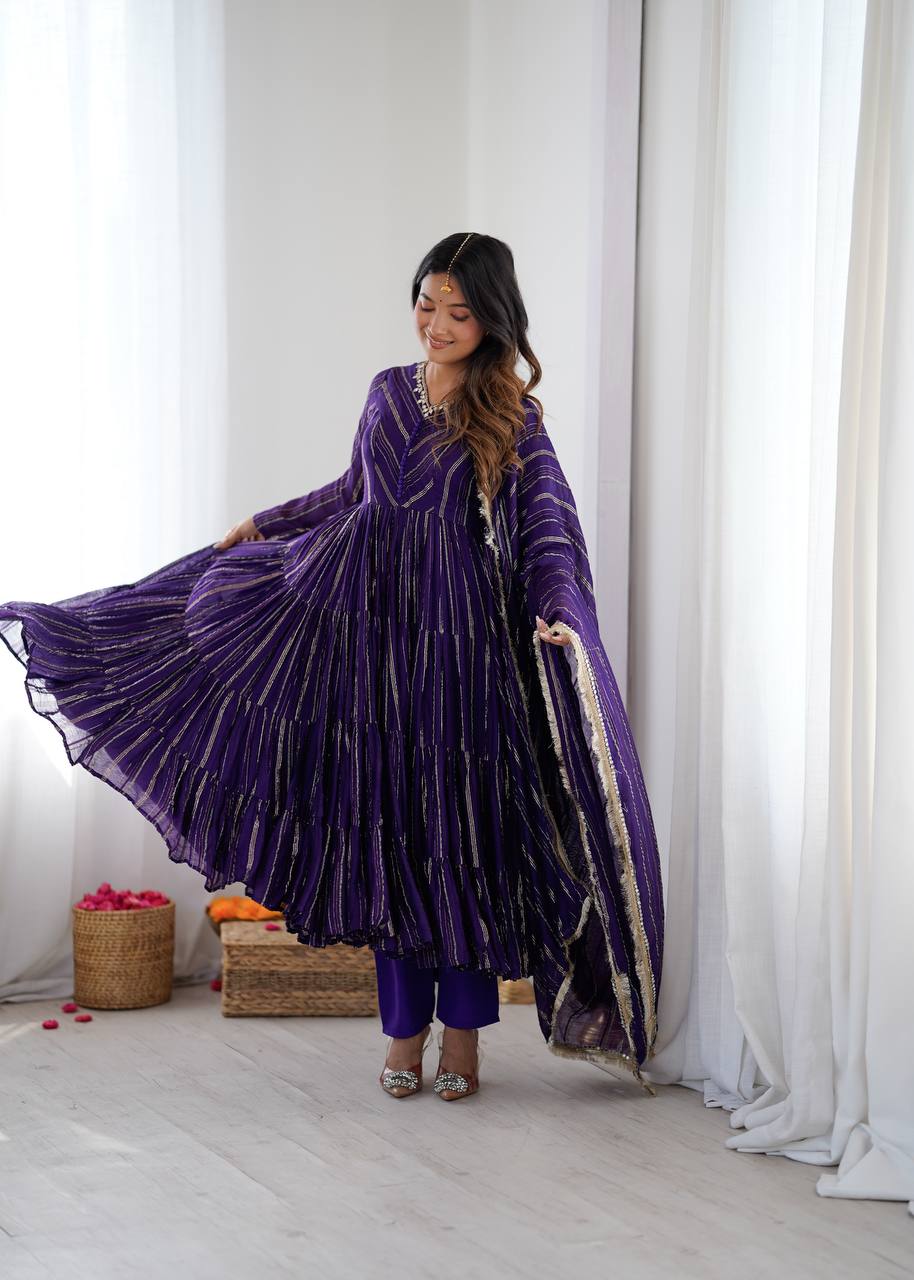 Orange Mal Chanderi Ruffle Gown with Mirror Work