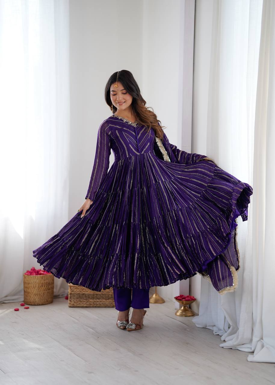 Orange Mal Chanderi Ruffle Gown with Mirror Work