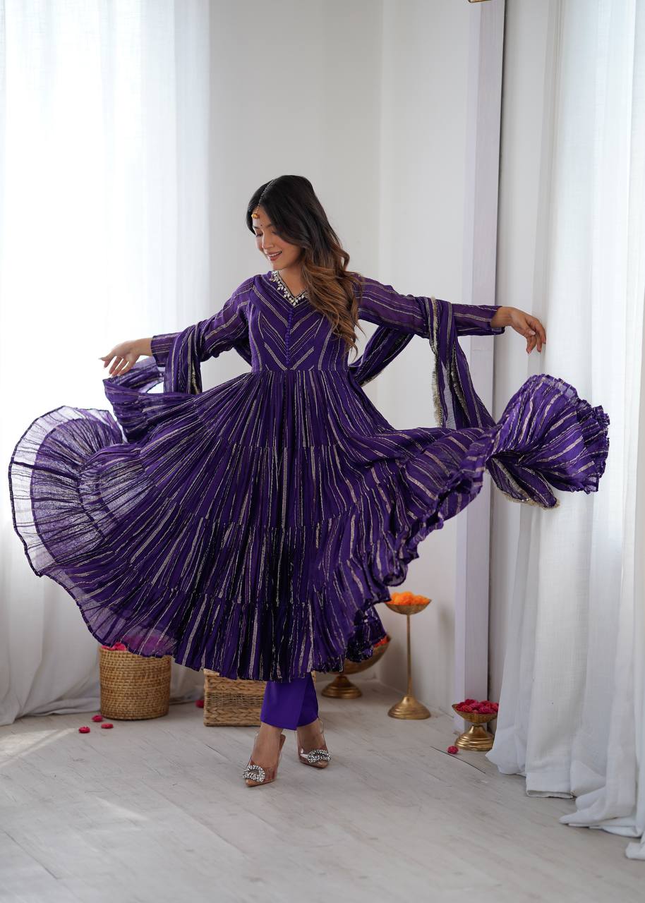 Orange Mal Chanderi Ruffle Gown with Mirror Work