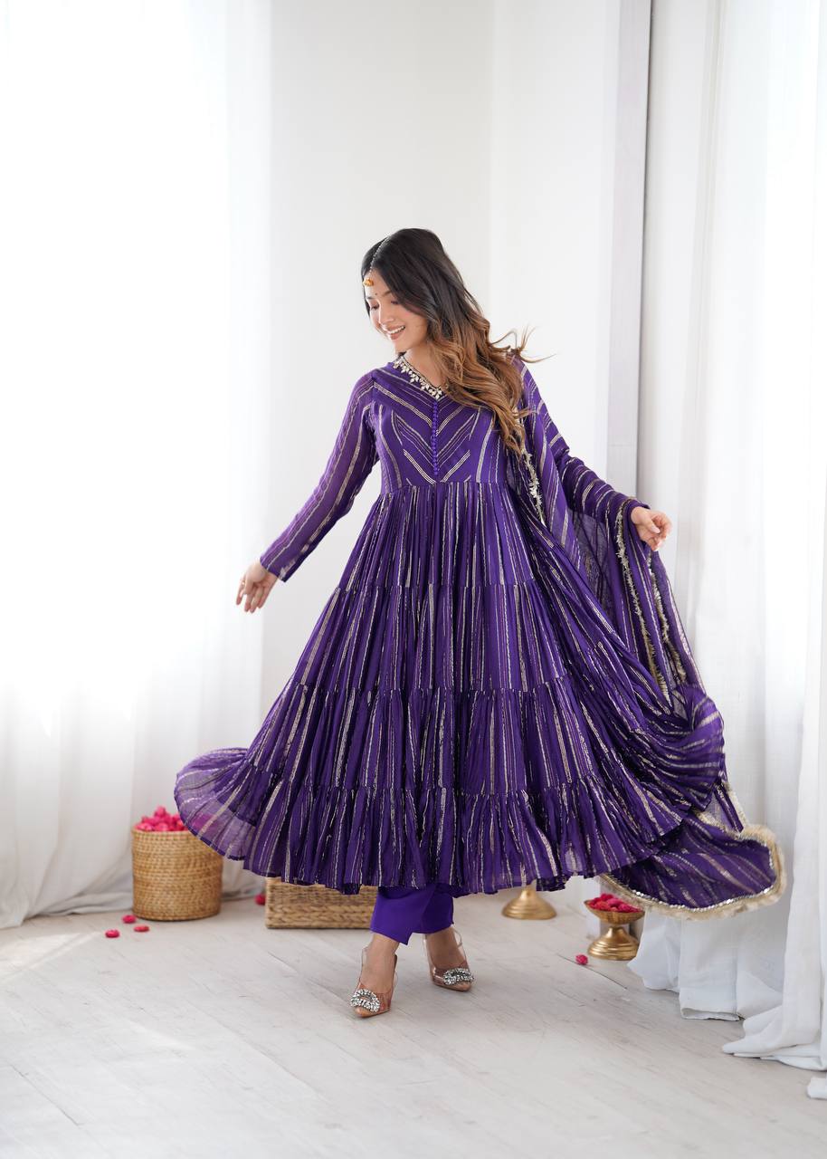 Orange Mal Chanderi Ruffle Gown with Mirror Work