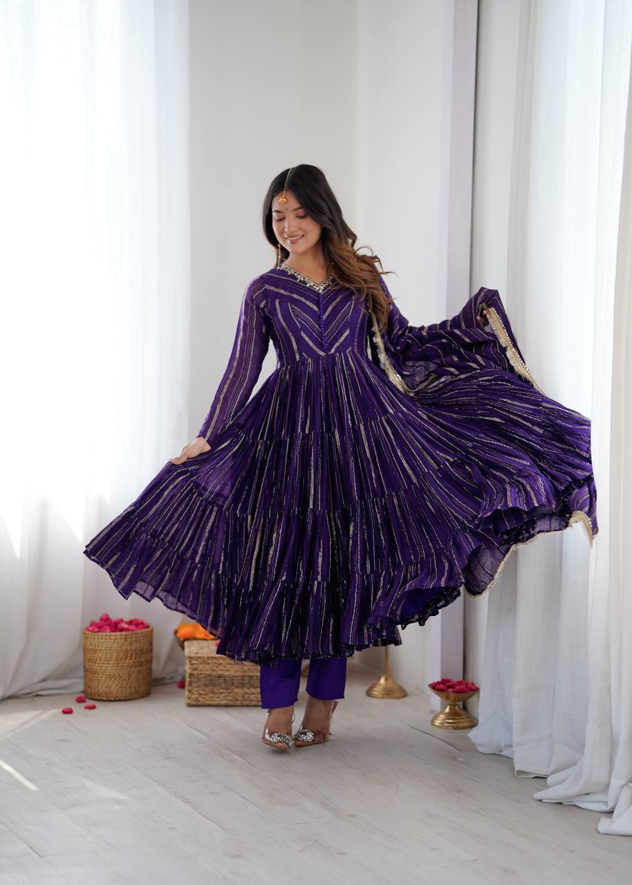 Orange Mal Chanderi Ruffle Gown with Mirror Work
