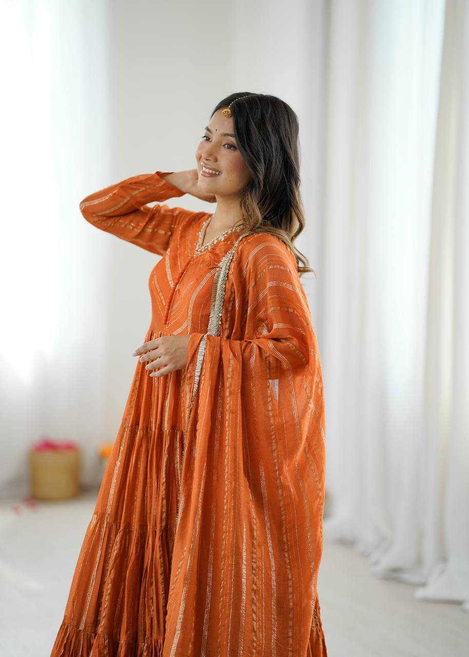 Orange Mal Chanderi Ruffle Gown with Mirror Work