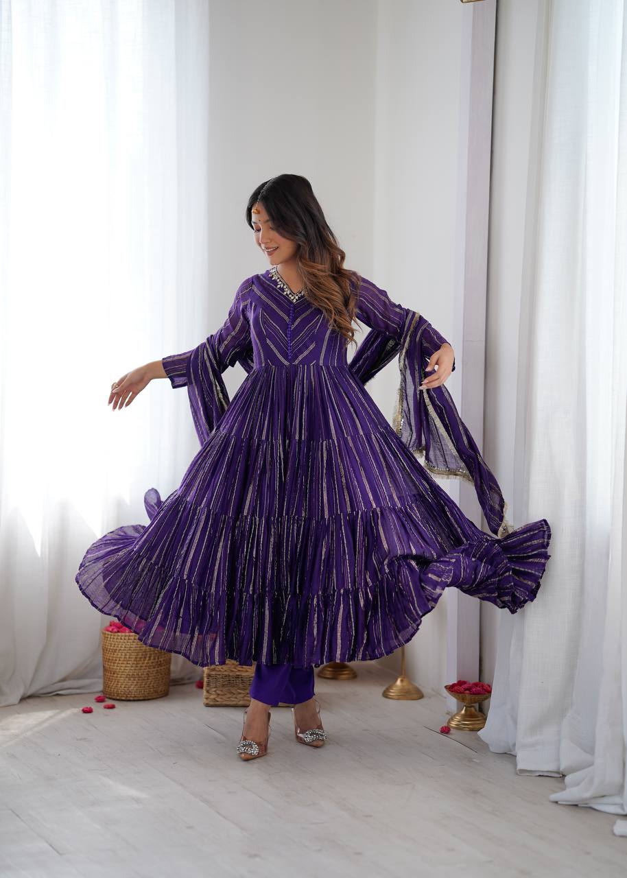 Orange Mal Chanderi Ruffle Gown with Mirror Work