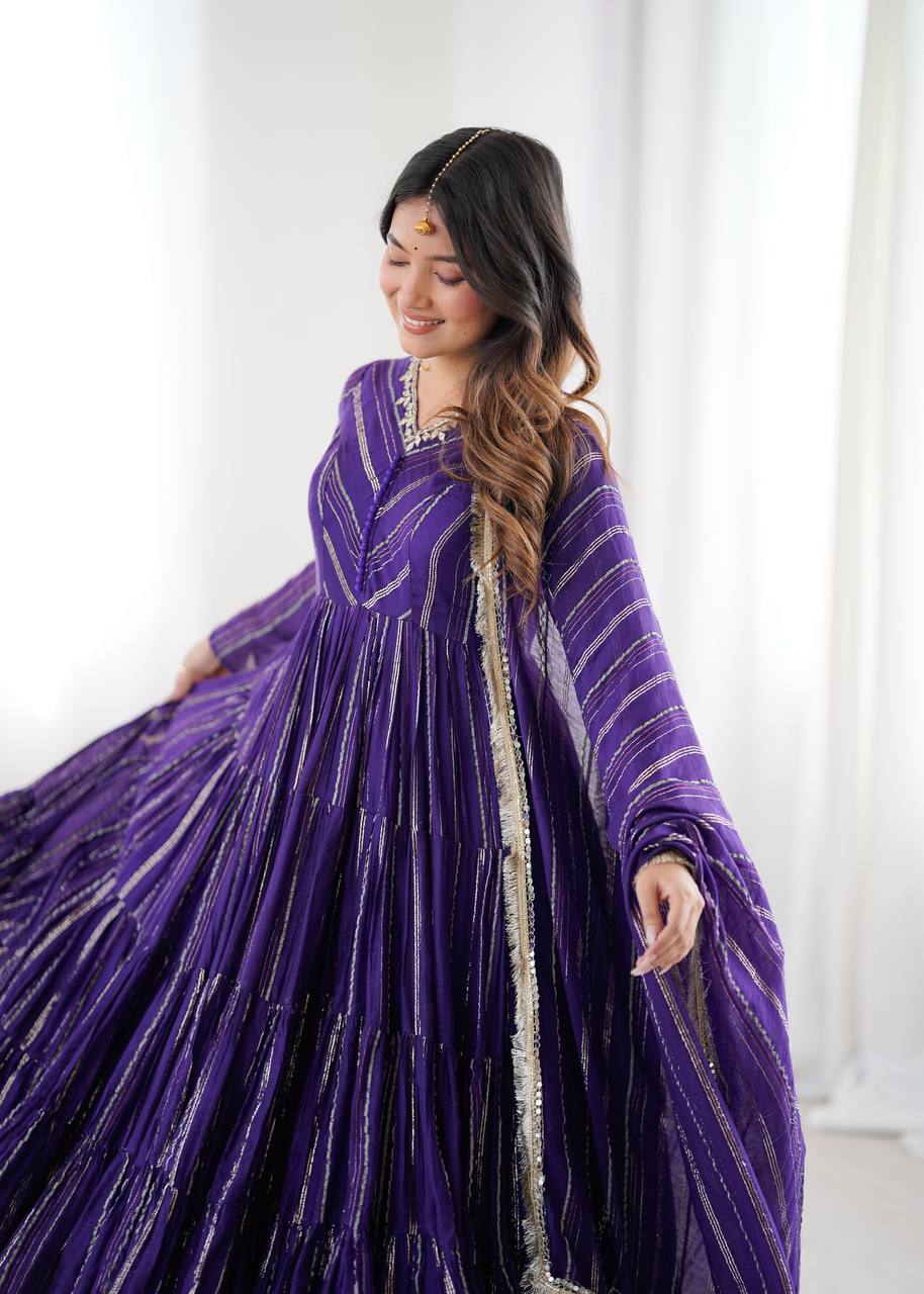 Orange Mal Chanderi Ruffle Gown with Mirror Work