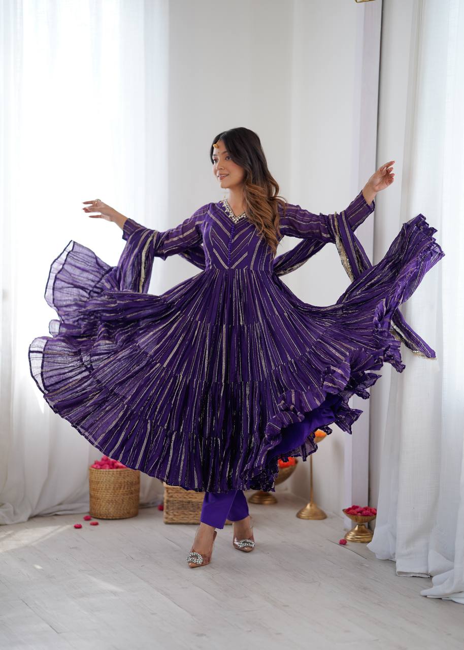 Orange Mal Chanderi Ruffle Gown with Mirror Work