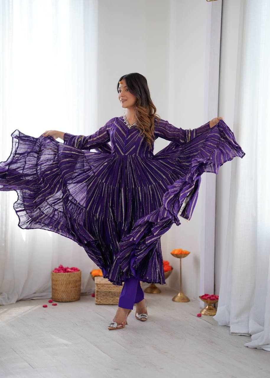 Orange Mal Chanderi Ruffle Gown with Mirror Work