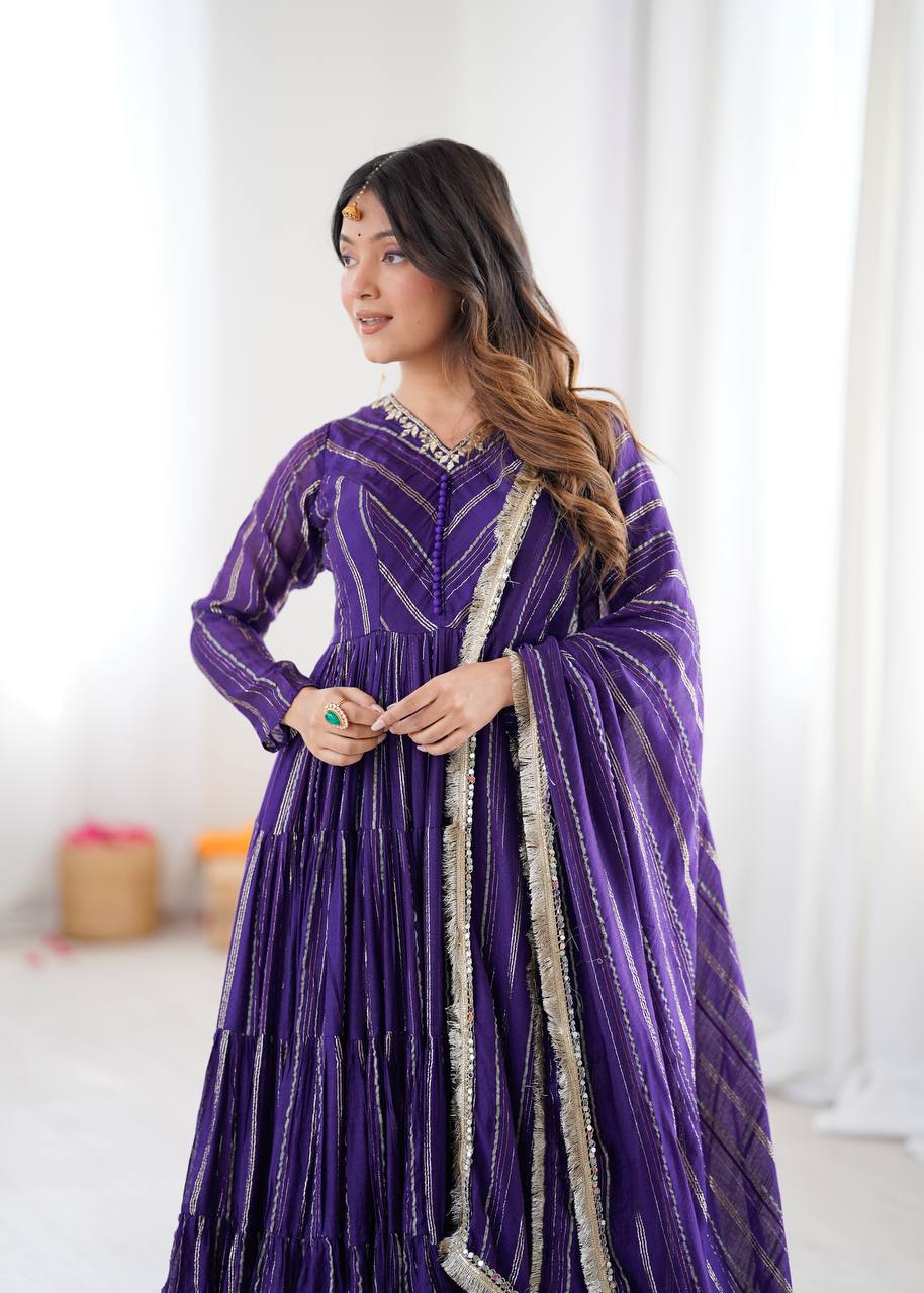 Orange Mal Chanderi Ruffle Gown with Mirror Work