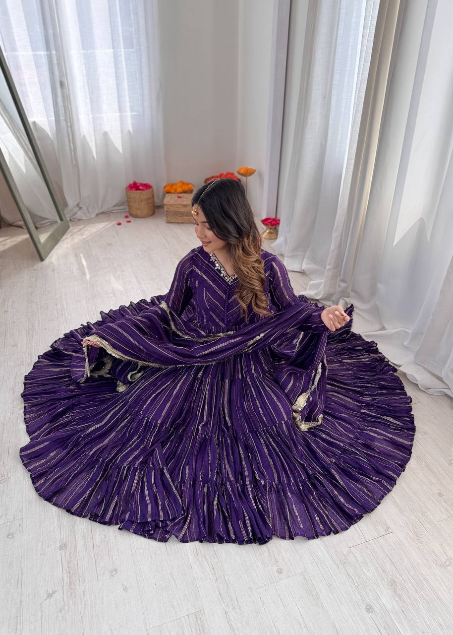 Orange Mal Chanderi Ruffle Gown with Mirror Work