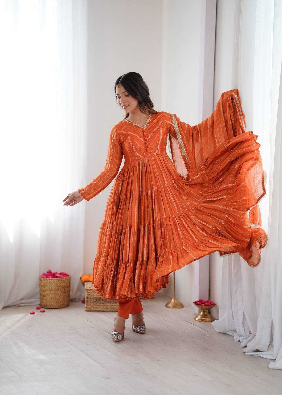 Orange Mal Chanderi Ruffle Gown with Mirror Work