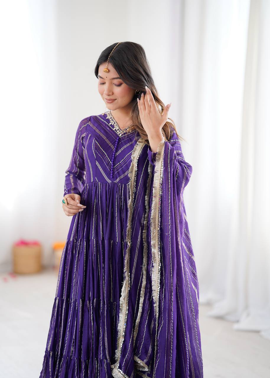 Orange Mal Chanderi Ruffle Gown with Mirror Work
