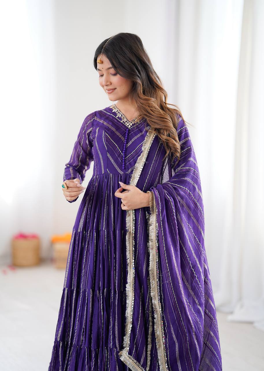 Orange Mal Chanderi Ruffle Gown with Mirror Work