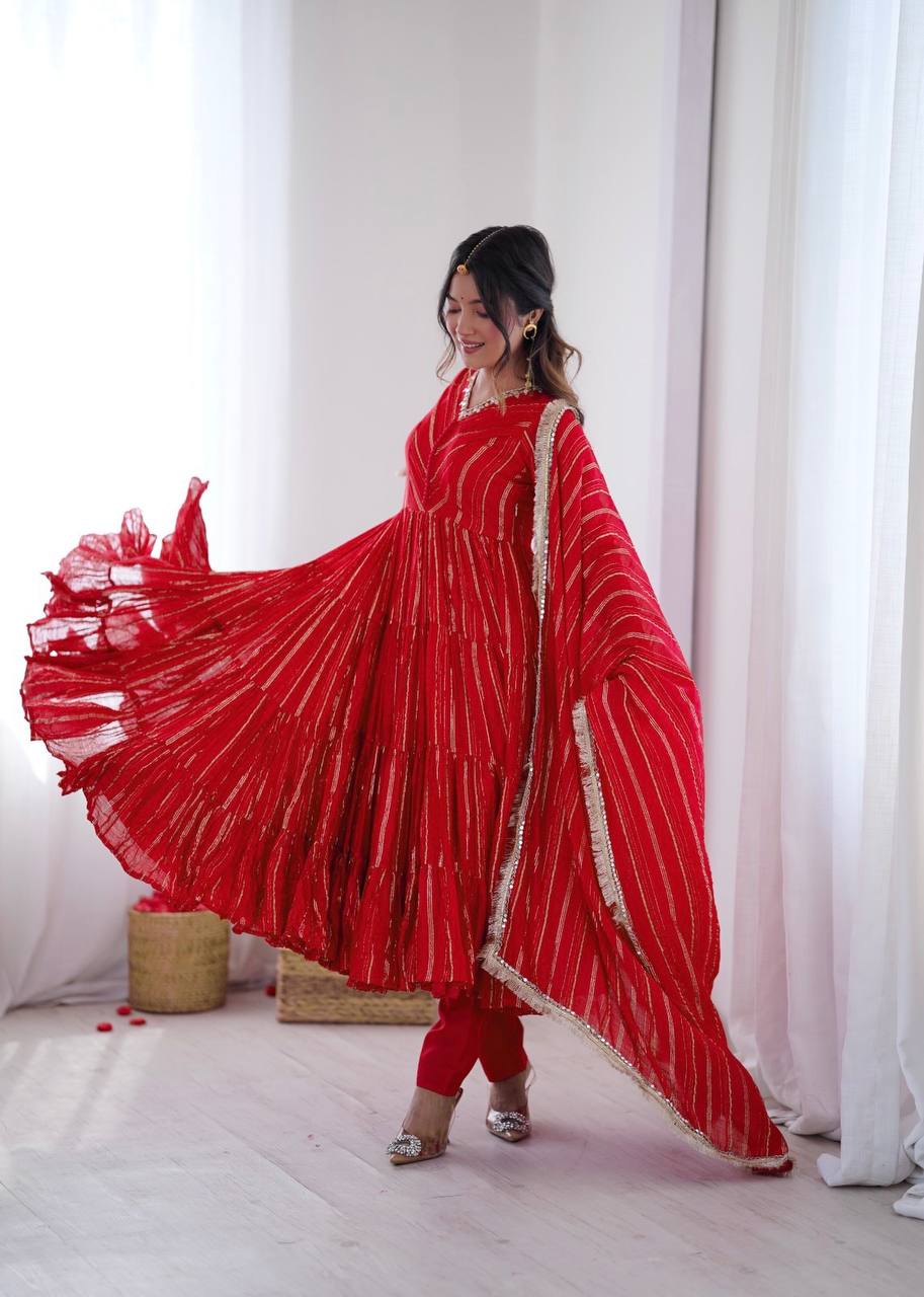 Orange Mal Chanderi Ruffle Gown with Mirror Work