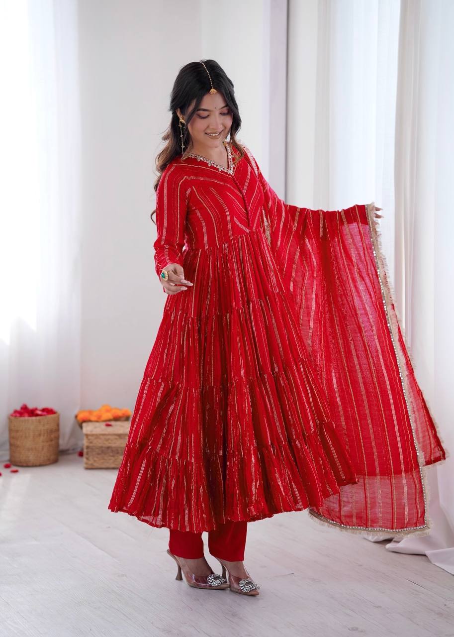 Orange Mal Chanderi Ruffle Gown with Mirror Work