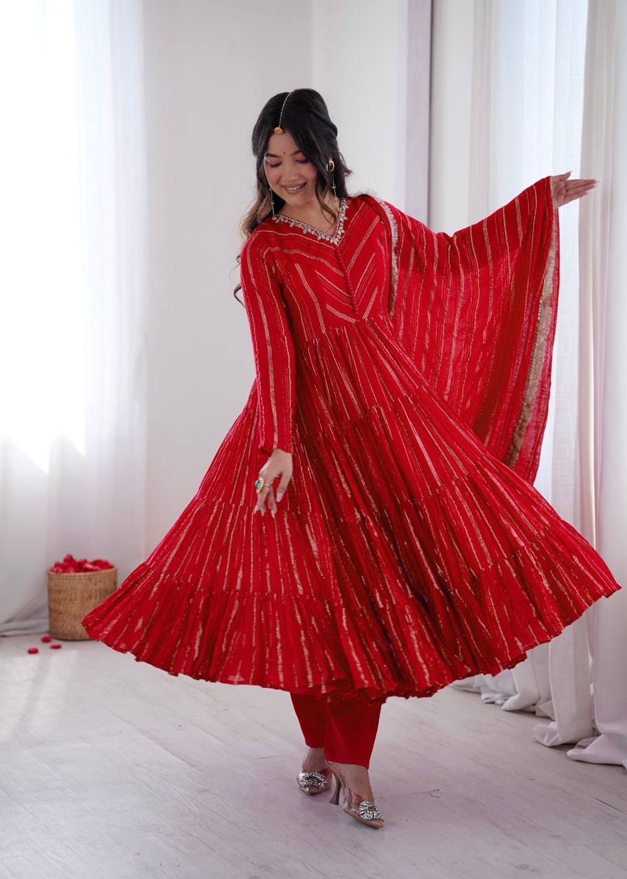 Orange Mal Chanderi Ruffle Gown with Mirror Work
