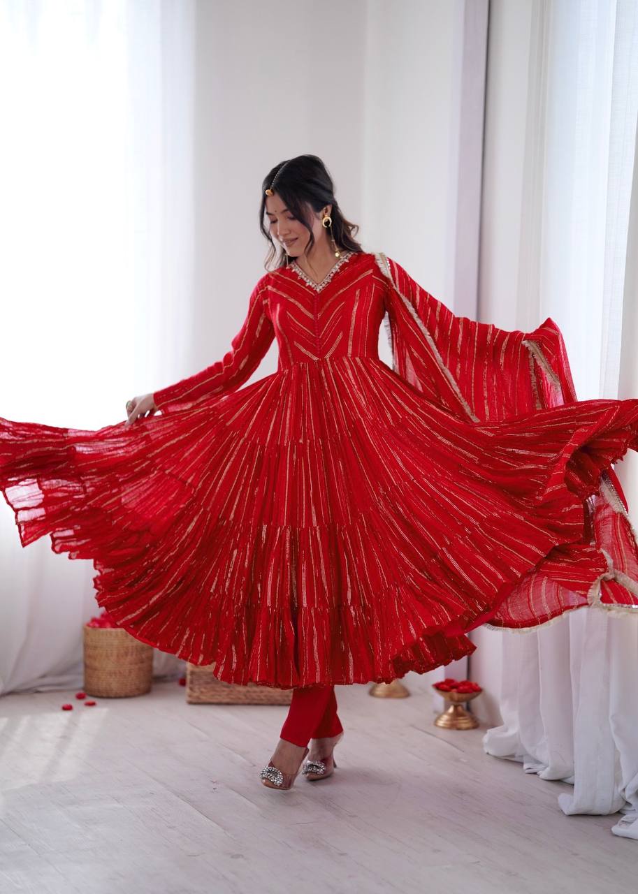Orange Mal Chanderi Ruffle Gown with Mirror Work