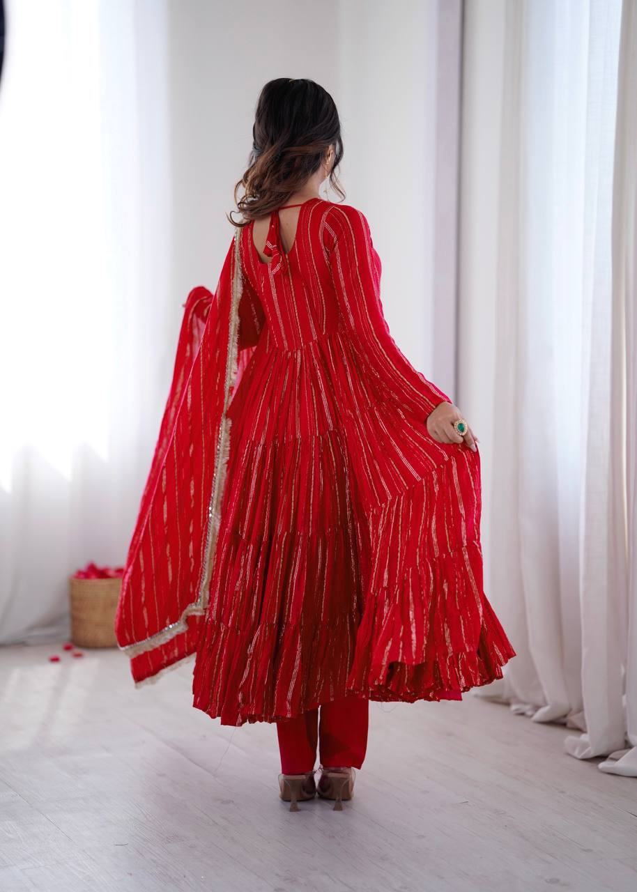 Orange Mal Chanderi Ruffle Gown with Mirror Work