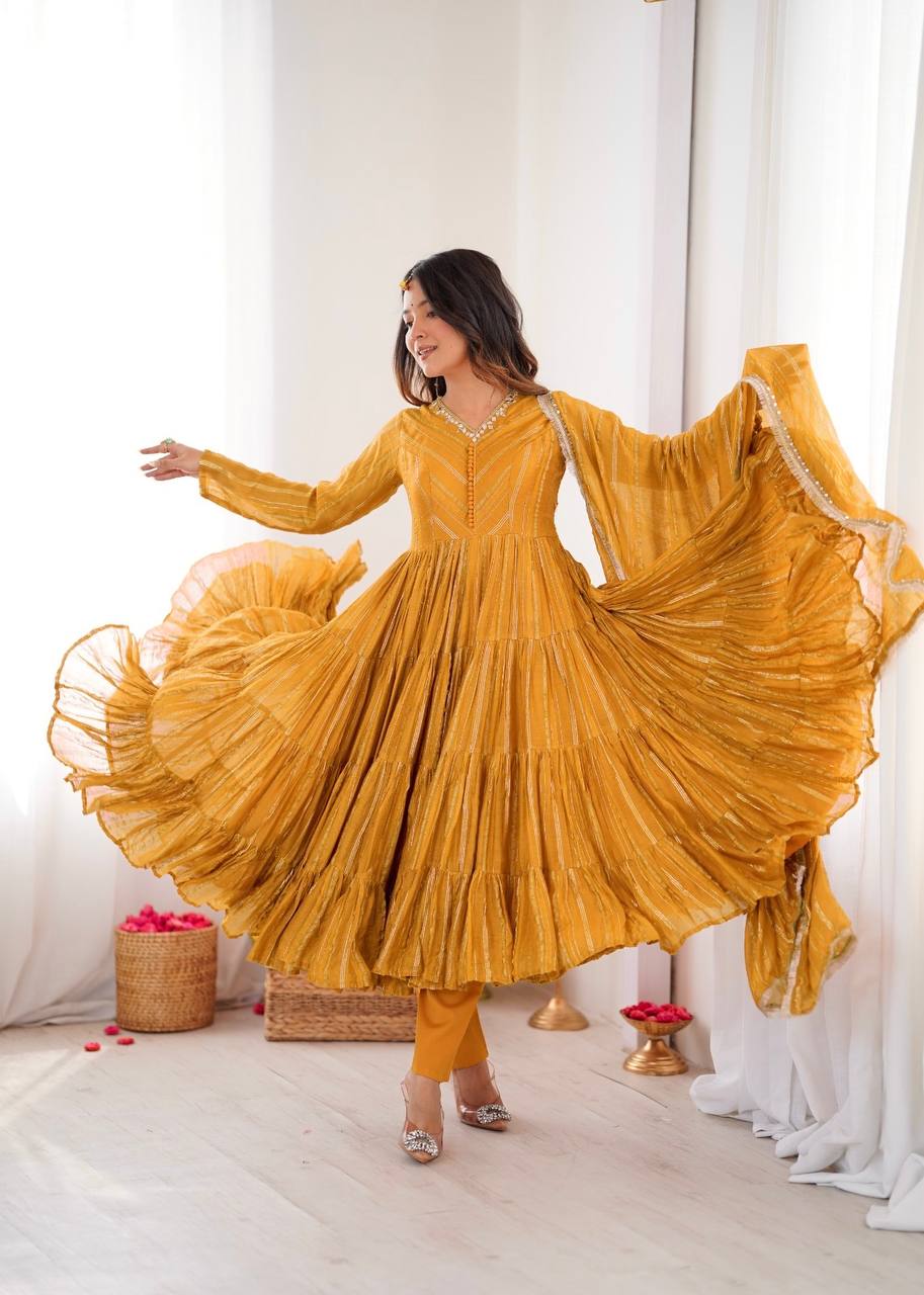 Orange Mal Chanderi Ruffle Gown with Mirror Work