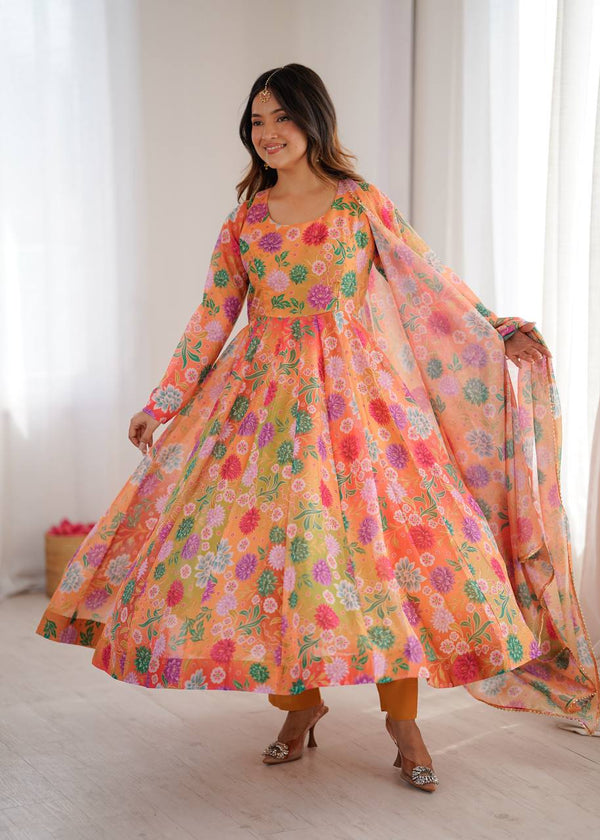 Orange Sunkissed Floral Print Organza Gown with Dupatta and Pant