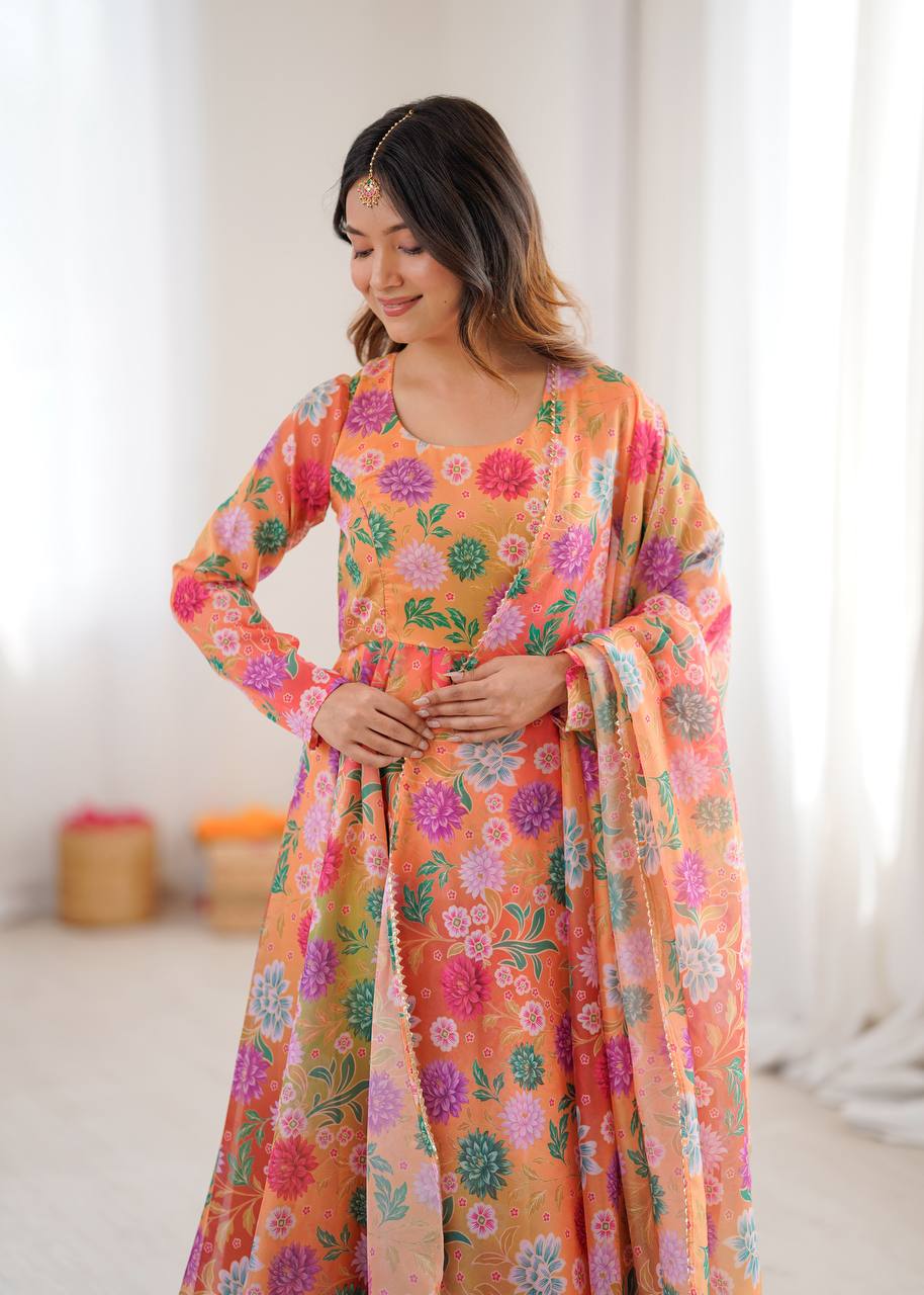 Orange Sunkissed Floral Print Organza Gown with Dupatta and Pant