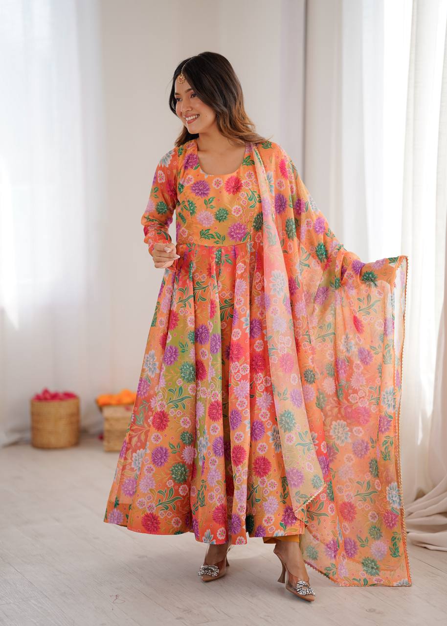 Orange Sunkissed Floral Print Organza Gown with Dupatta and Pant