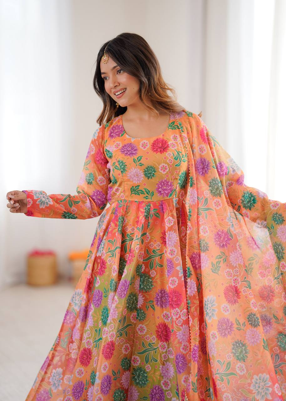 Orange Sunkissed Floral Print Organza Gown with Dupatta and Pant