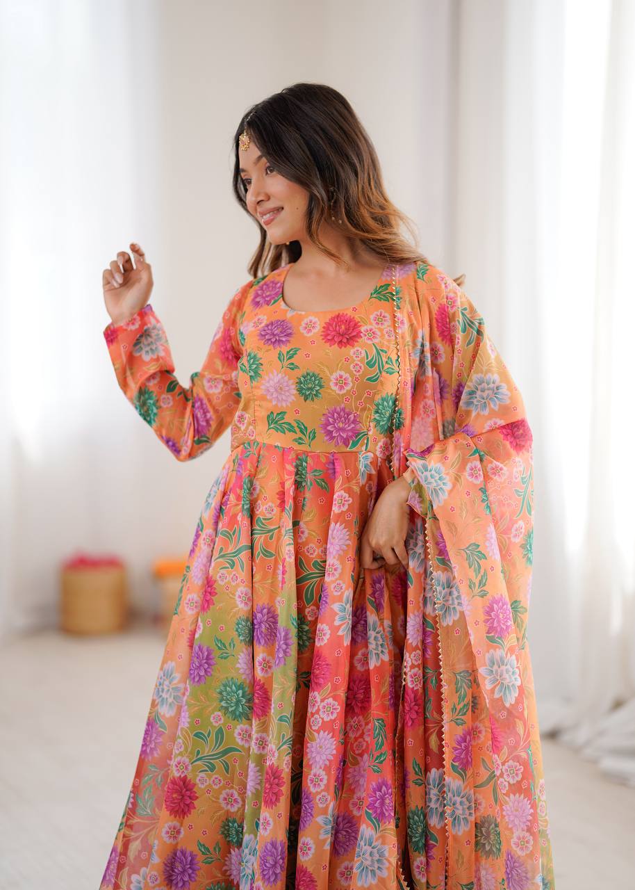 Orange Sunkissed Floral Print Organza Gown with Dupatta and Pant