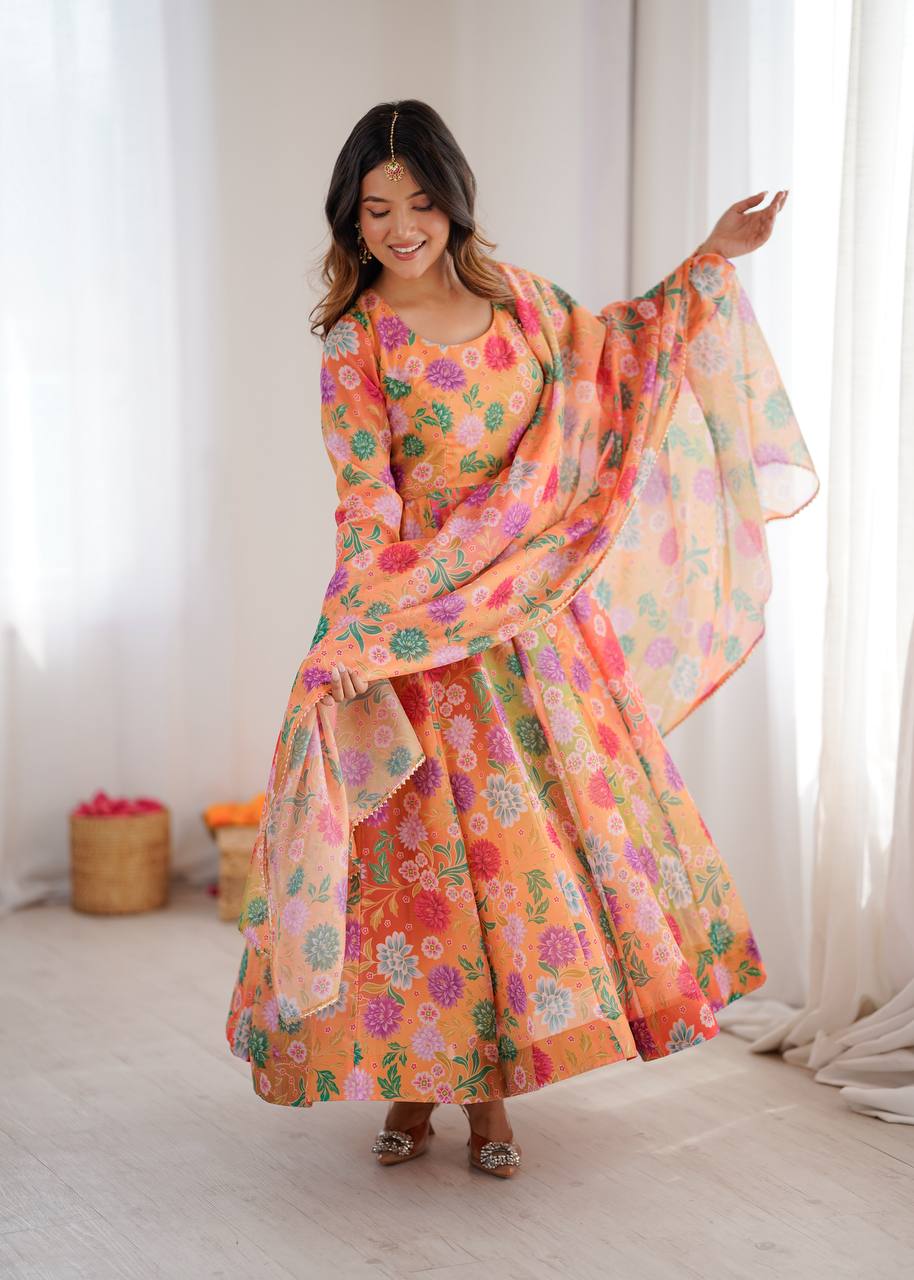 Orange Sunkissed Floral Print Organza Gown with Dupatta and Pant