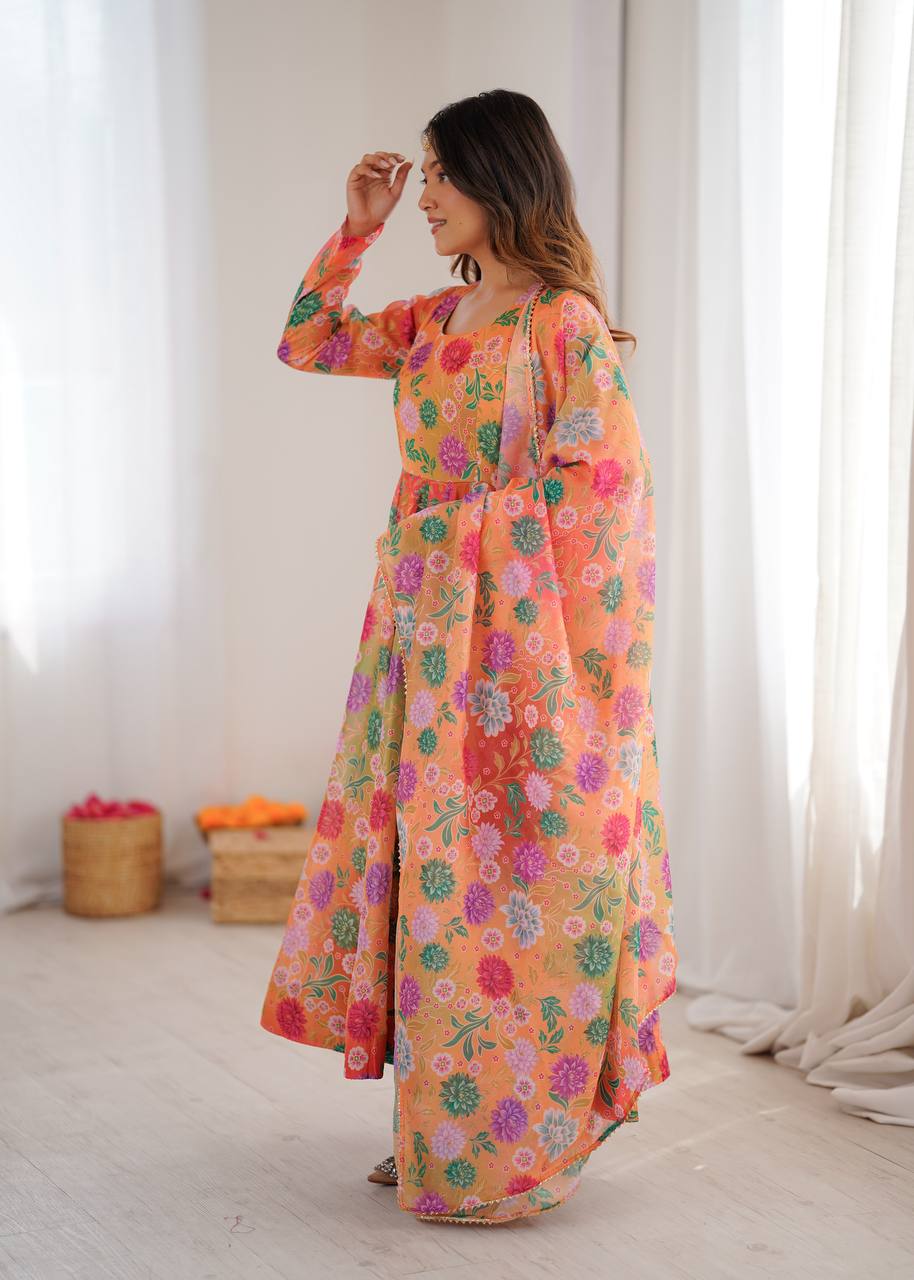 Orange Sunkissed Floral Print Organza Gown with Dupatta and Pant