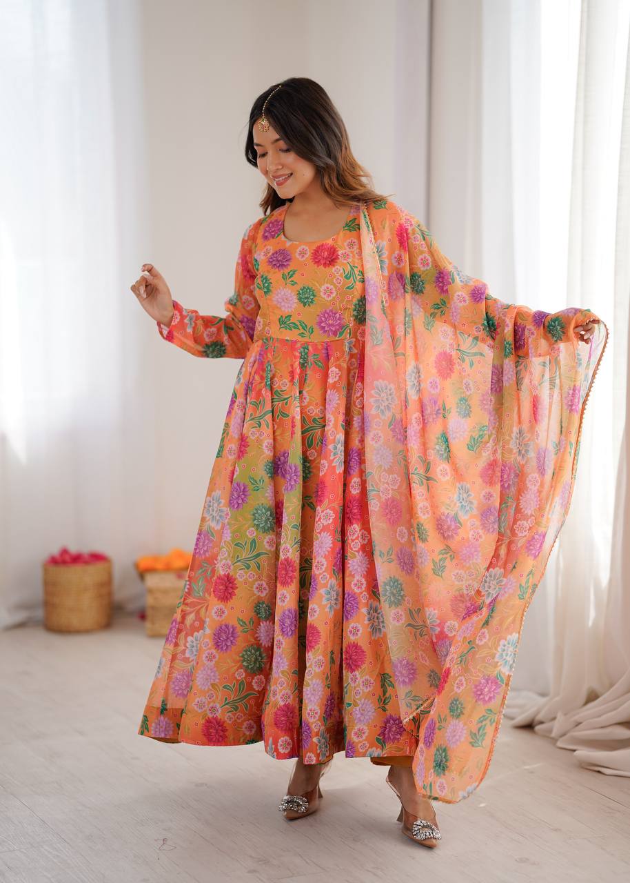 Orange Sunkissed Floral Print Organza Gown with Dupatta and Pant