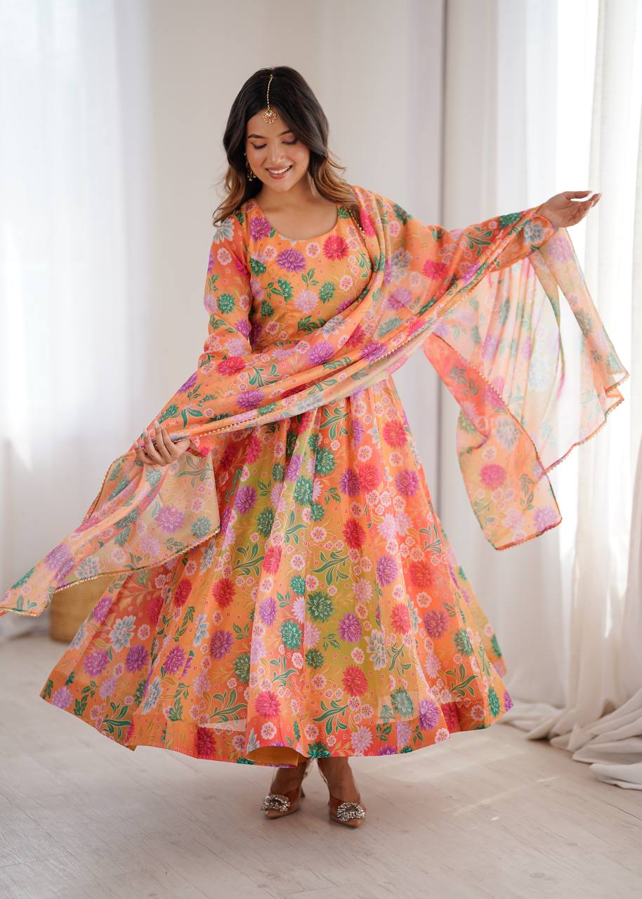 Orange Sunkissed Floral Print Organza Gown with Dupatta and Pant